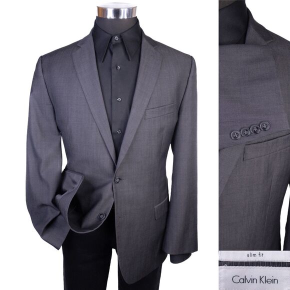 Calvin Klein SLIM 40R Wool Herring Gray 2 Button Blazer Jacket Sport Coat - Picture 1 of 13